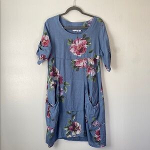 Vasna Floral Blue Dress 100% Linen
